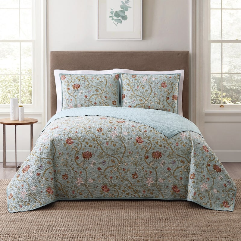 Style 212 Bedford Floral 3-piece Quilt Set - Queen/Full - Queen/Full - Blue