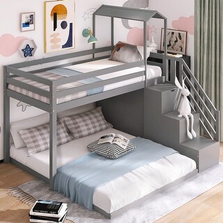 Nestfair Twin over Full House Roof Bunk Bed with Staircase and Storage ...