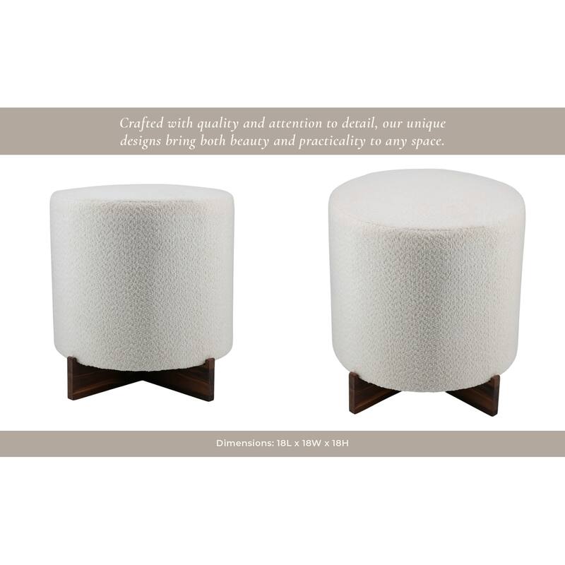 Velvet Round Ottoman Sherpa Finish and X-Base Wood Frame - 18" Ivory