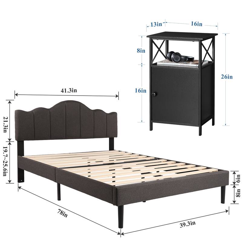 VECELO Modern Bedroom Set of 3 with Height Adjustable Upholstered Bed and Nightstands Set of 2