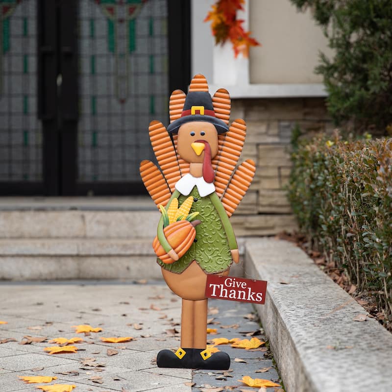 Glitzhome Fall Thanksgiving Metal Turkey Pumpkins Yard Stake