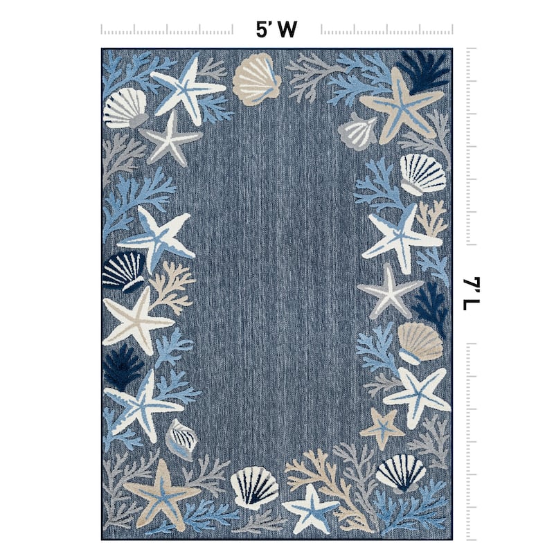 World Rug Gallery Indoor/Outdoor High-Low Textured Area Rug, Coastal Border Easy-Clean Patio Rug
