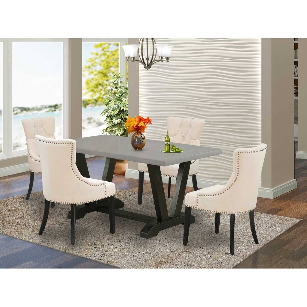 HomeStock 5-Piece Rectangle Natural Oak Finish Solid Wood Top Dining Table with 4 Upholstered Chairs