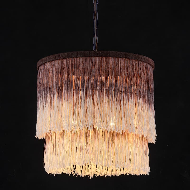 17.7" 3-Light Bohemian Farmhouse Purple Round Hand-made Cotton Fringe Tiered Hanging Chandelier Living Room,Bedroom