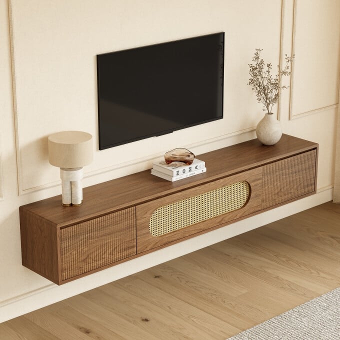 70.86-Inch Floating TV Stand, Wooden Wall Mounted Entertainment Center