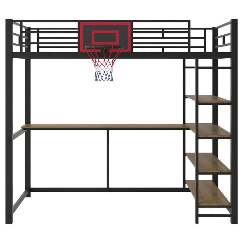 Twin Size Metal Loft Bed with Shelves, Desk and Basketball Hoop