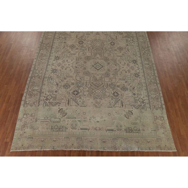 Distressed Geometric Tabriz Vintage Persian Rug Handmade Wool Carpet - 9'7" x 13'1"