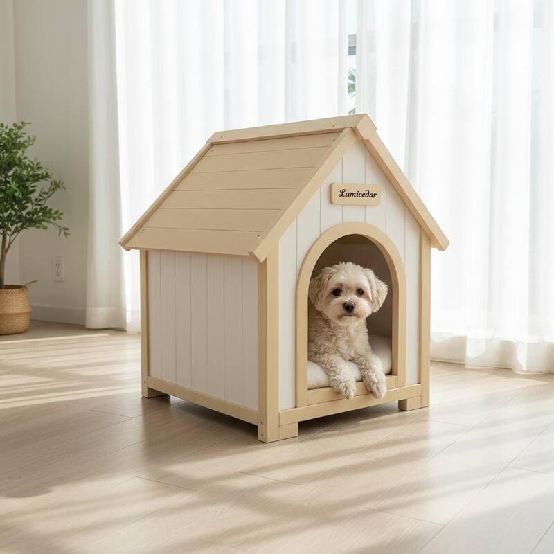 Modern Indoor Wooden Dog House with EVA Cushion, Solid Cedar Pet House for Small Dogs & Cats