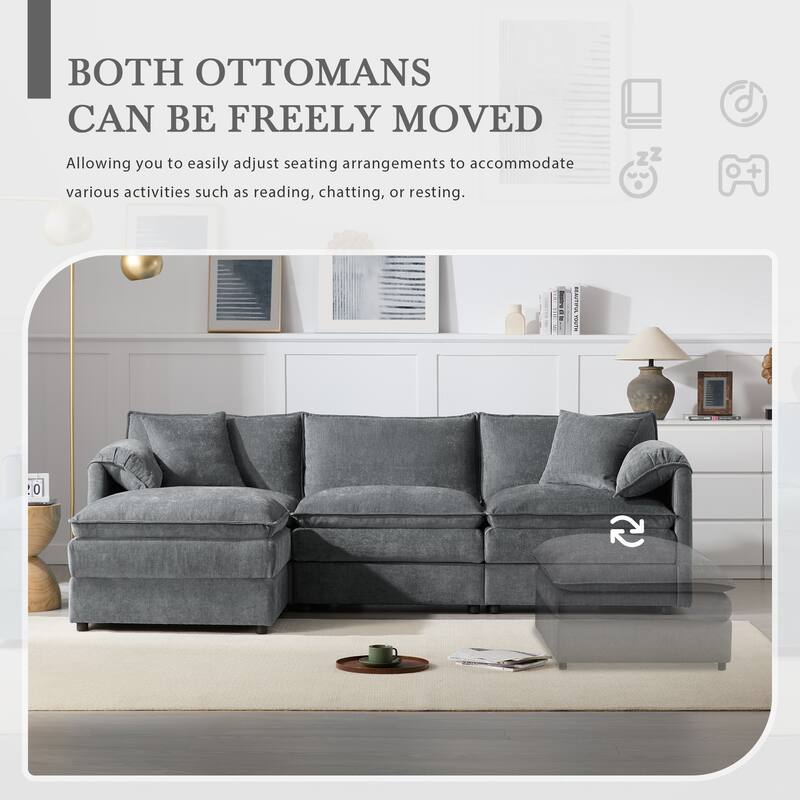 103.5" Chenille L Shaped 4 Seat Modular Sectional Sofa with Double Cushions and Movable Ottoman, Dark Gray