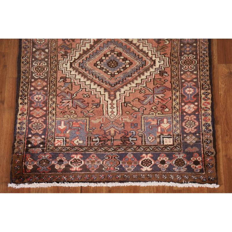 Heriz Persian Vintage Runner Rug Handmade Pink Wool Carpet - 3'5"x 7'3"