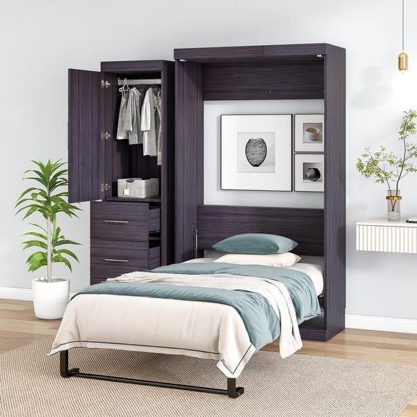 Twin Size Gray Wood Murphy Bed with Wardrobe and Drawers, Storage Bed, Can Be Folded Into A Cabinet - Full