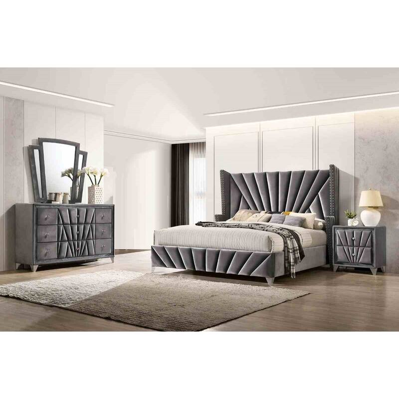 Gray Finish Transitional 4Pc Bedroom Furniture Set Upholstered Bed