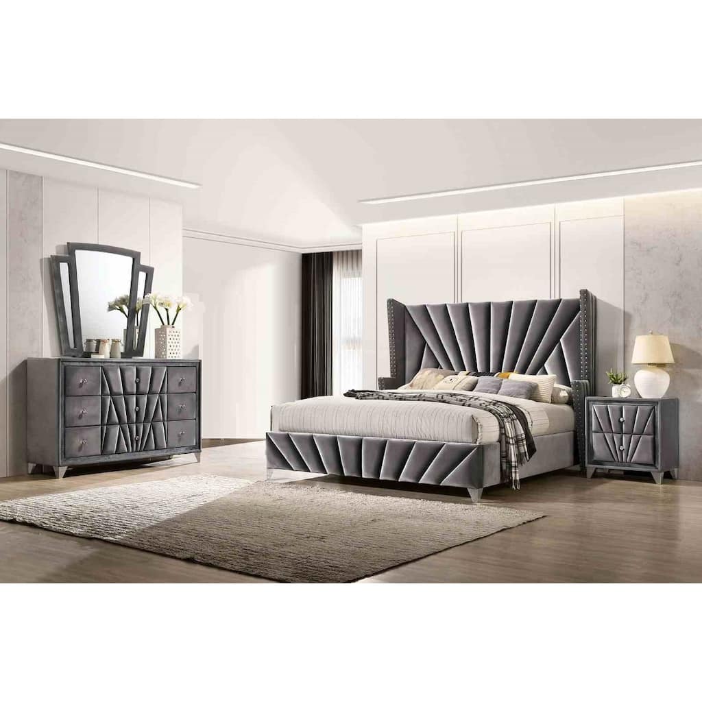 Gray Finish Transitional 4Pc Bedroom Furniture Set Upholstered Bed