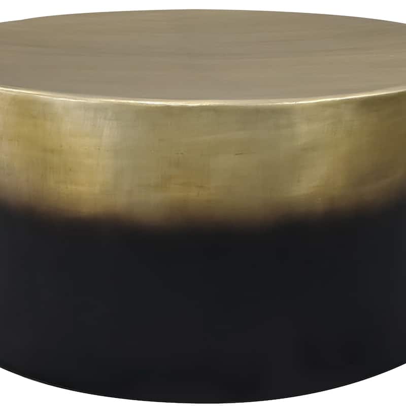 Dyan Coffee Table, 34.5 Inch Round Drum Shape, Black, Gold Antique Brass Ombre