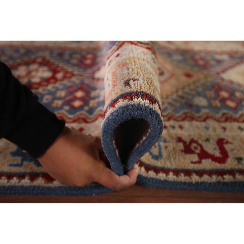 Blue Geometric Khotan Oriental Runner Rug Hand-Knotted Wool Carpet - 2'7"x 11'9"