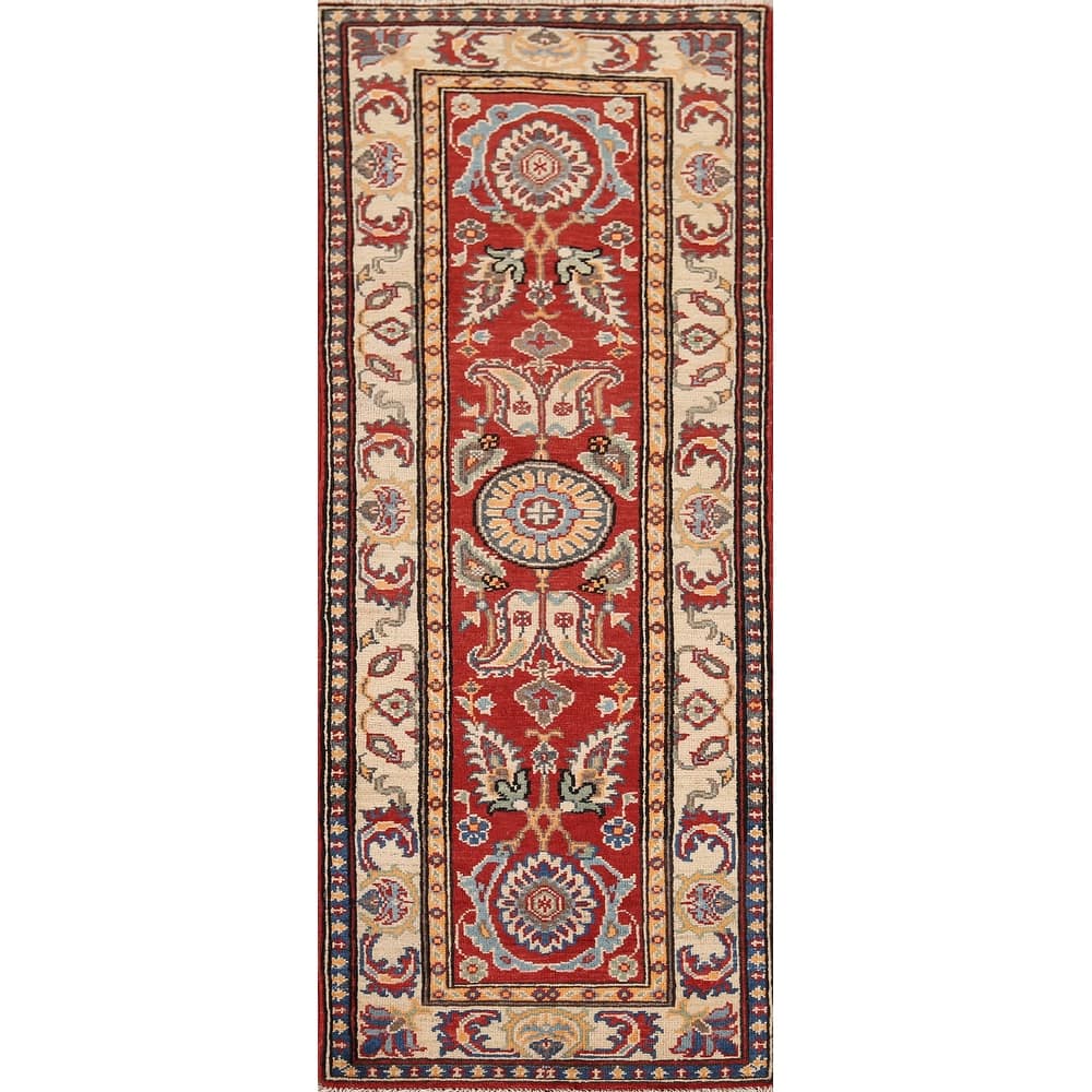 Red Kazak Runner Rug Hand-Knotted Hallway Wool Carpet - 2'1" x 6'1"