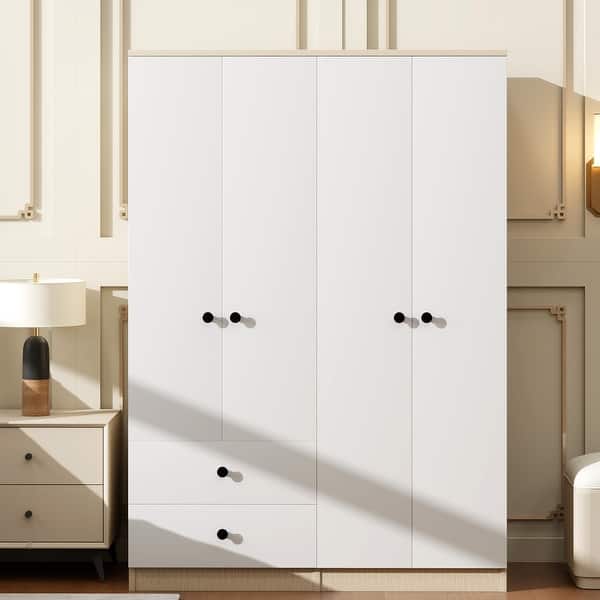slide 2 of 12, Wooden Bedroom Wardrobe with Hanging Rods & Drawers, 4-Door Armoire Closet Storage Cabinet for Home Organization, White+Natural White+Natural