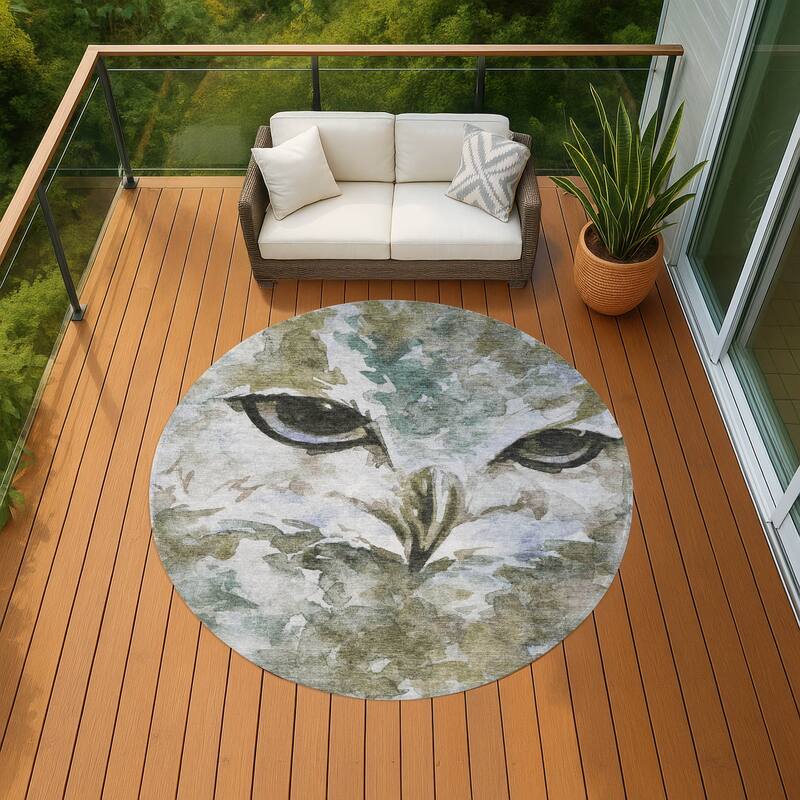 Machine Washable Indoor/ Outdoor Modern Owl Chantille Rug - Taupe - 8' x 8'