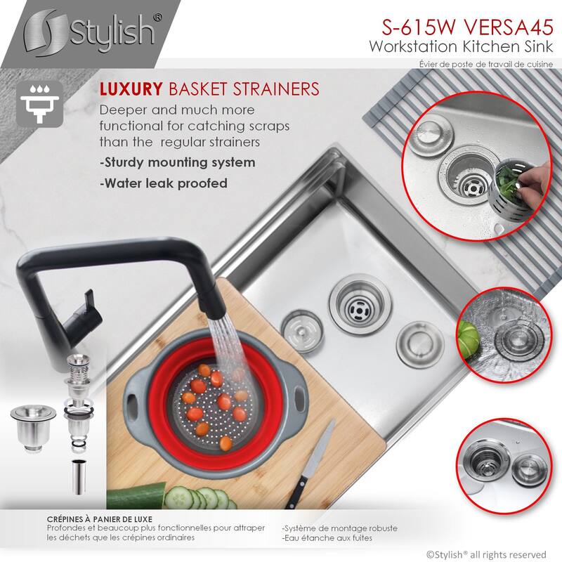 STYLISH 45 inches Ledge Workstation Single Bowl Undermount 16 Gauge Stainless Steel Kitchen Sink with Built in Accessories