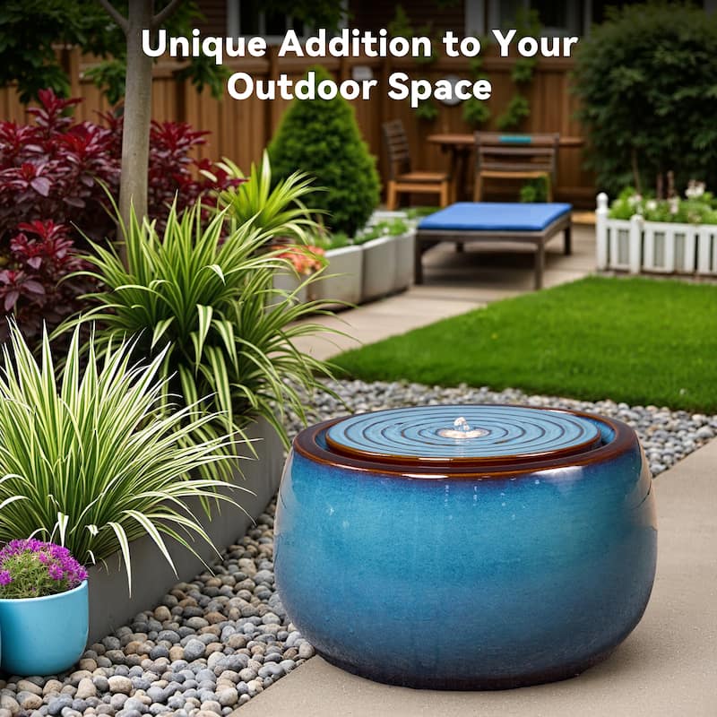 Round Blue Ceramic Water Floor Fountain with LED Light and Pump