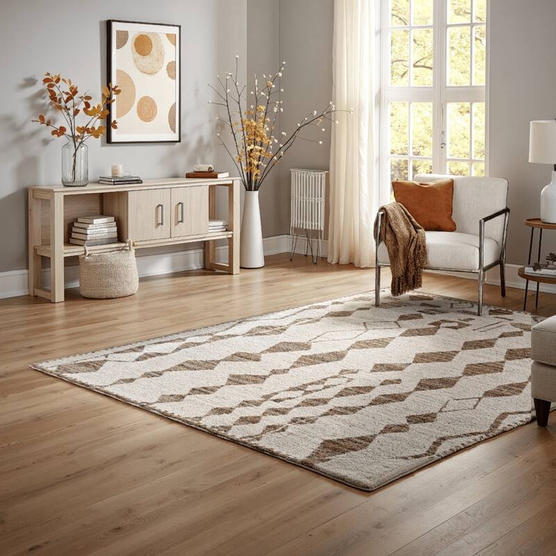 Betty 8 x 10 Area Rug, Geometric Pattern, Beige Brown Polyester, Cotton - 8 x 10