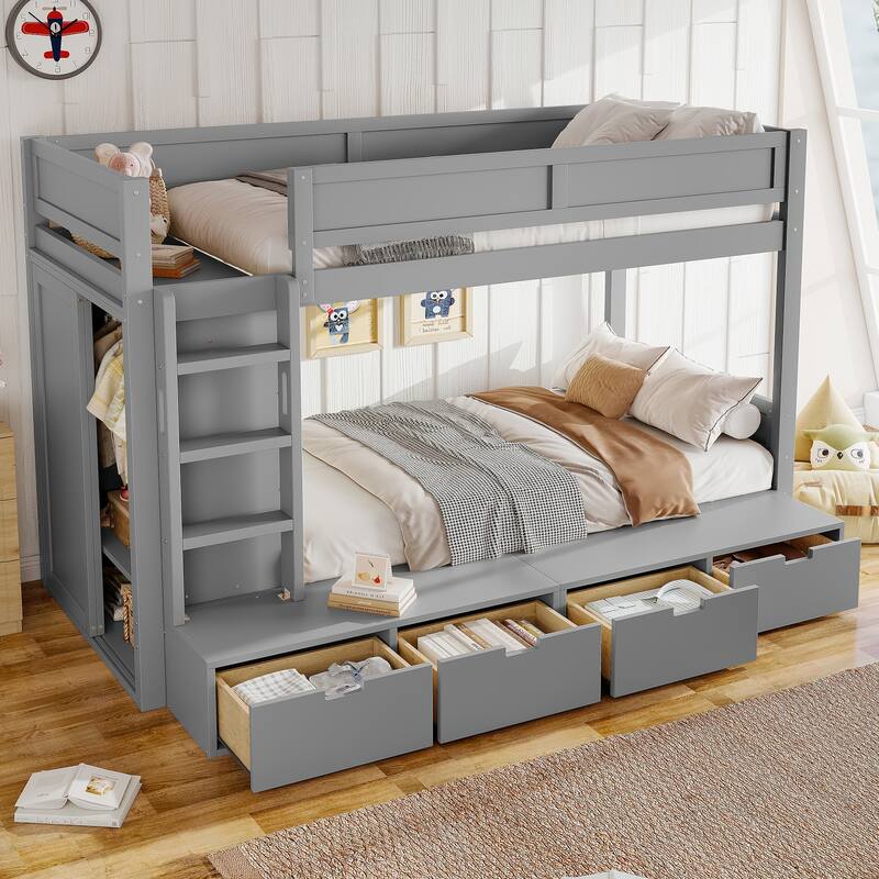 Twin Over Twin/Twin XL Over Full Bunk Bed Solid Wood Storage Bedframe with Built-in Wardrobe, 4 Under Drawers and Guardrails