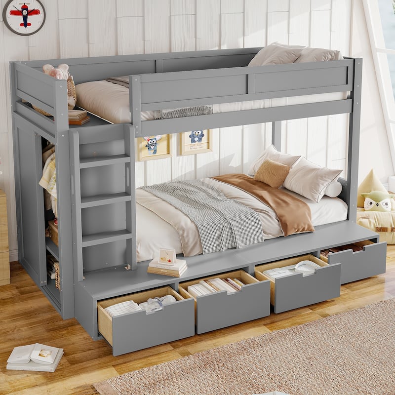 Twin over Twin Bunk Bed with 4 Drawers & Wardrobe - Solid Wood, Full-Length Guardrails, No Box Spring