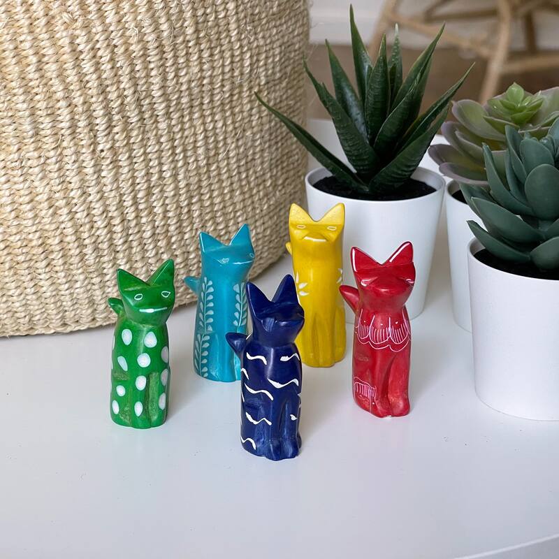 Tiny Sitting Cats Soapstone Sculptures - Assorted Pack of 5 Colors