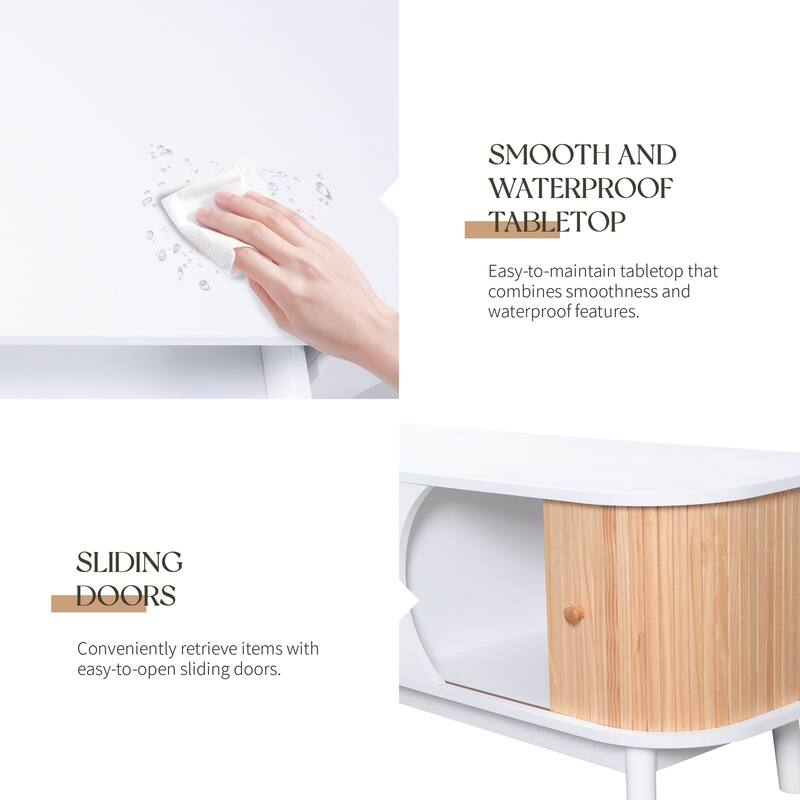 Stylish White MDF TV Stand with Rattan Drawers and Solid Wood Legs - Ample Storage and Easy Cable Management.