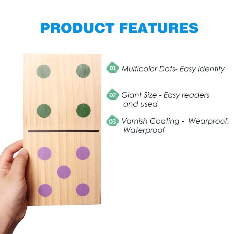 GSE™ 28-Piece Giant Wooden Dominoes with Multi-Color Dots, Jumbo Domino Tile Game Set for Outdoor Backyard Lawn Game
