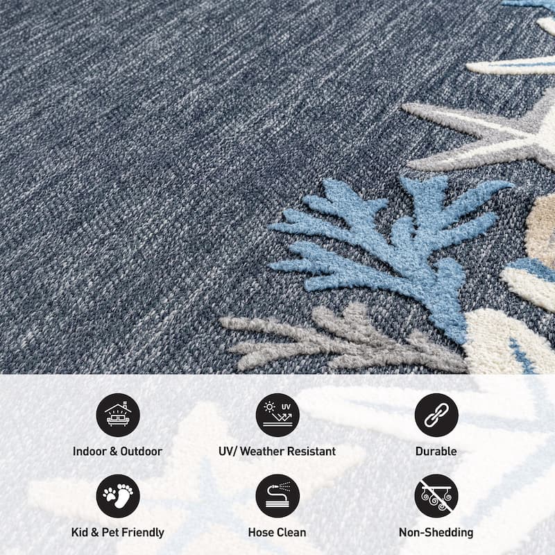 World Rug Gallery Indoor/Outdoor High-Low Textured Area Rug, Coastal Border Easy-Clean Patio Rug