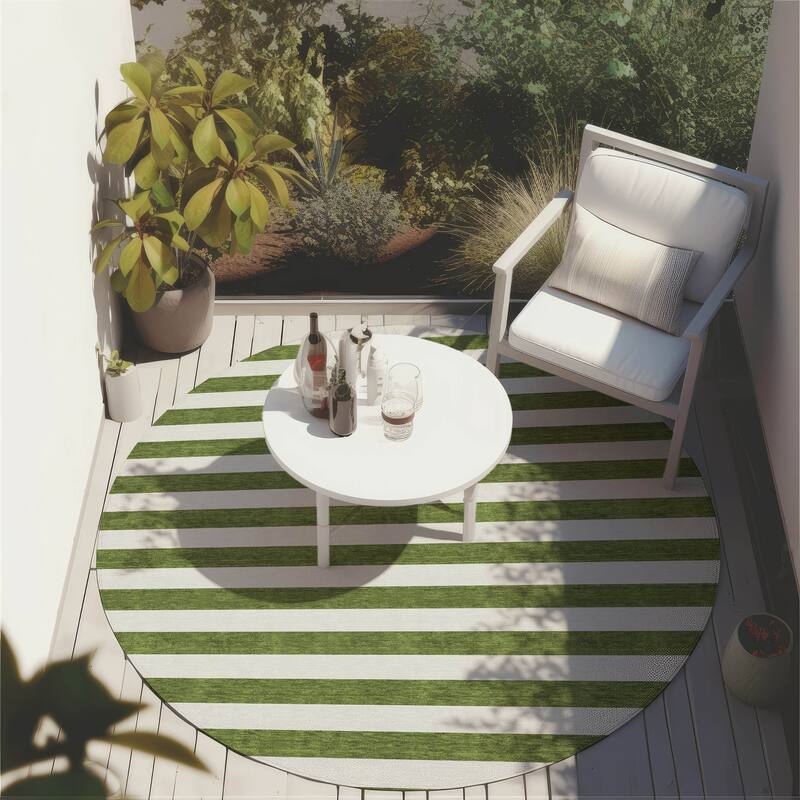 Machine Washable Indoor/ Outdoor Cabana Stripe Chantille Rug - Olive - 8' x 8'