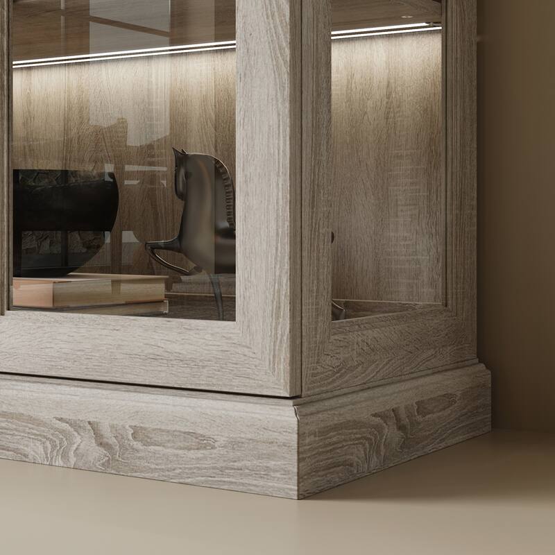 Glass Display Cabinet w/Light Tempered Glass Rustic Gray Oak Finish Bookshelvs Storage Cabinet