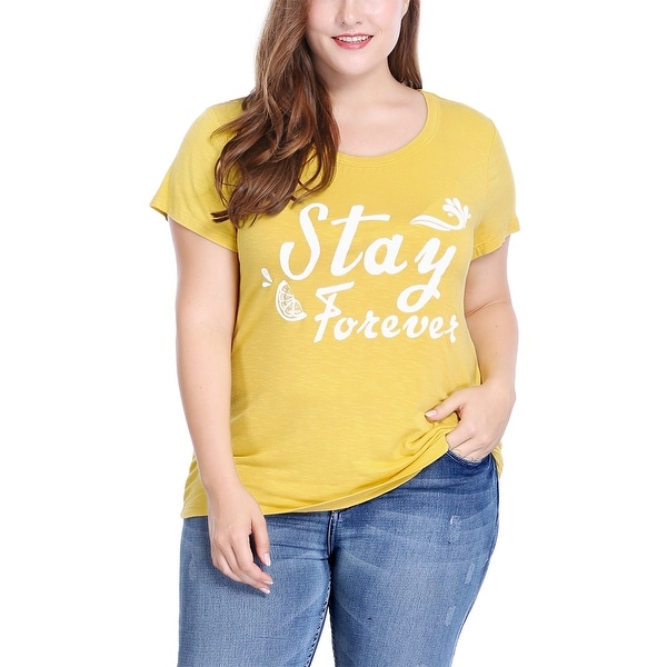 Women's Plus Size Scoop Neck Short Sleeves Letter Print Tee - Yellow