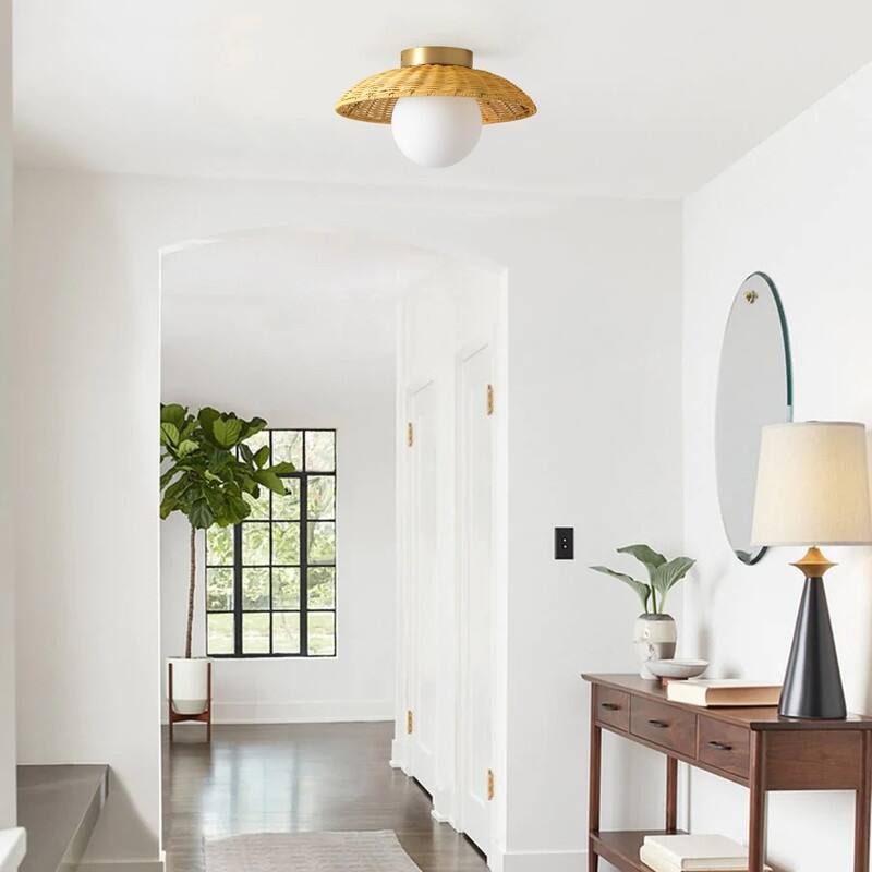 Farmhouse 1-Light Brass Semi-Flush Mount Ceiling Light with Handwoven Rattan Shade