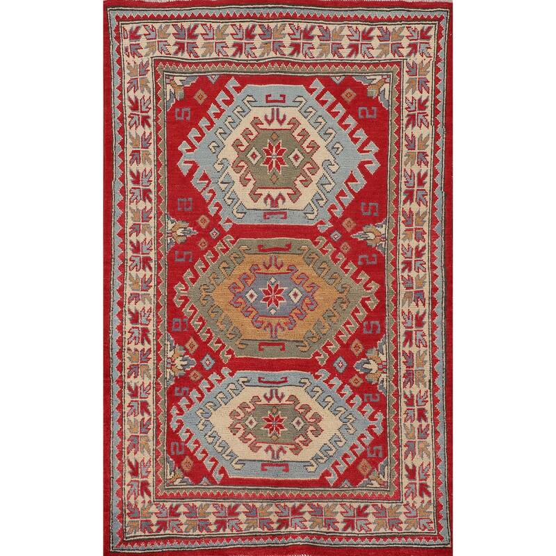 Traditional Kazak Oriental Accent Rug Handmade Red Wool Carpet - 3'2"x 5'1"