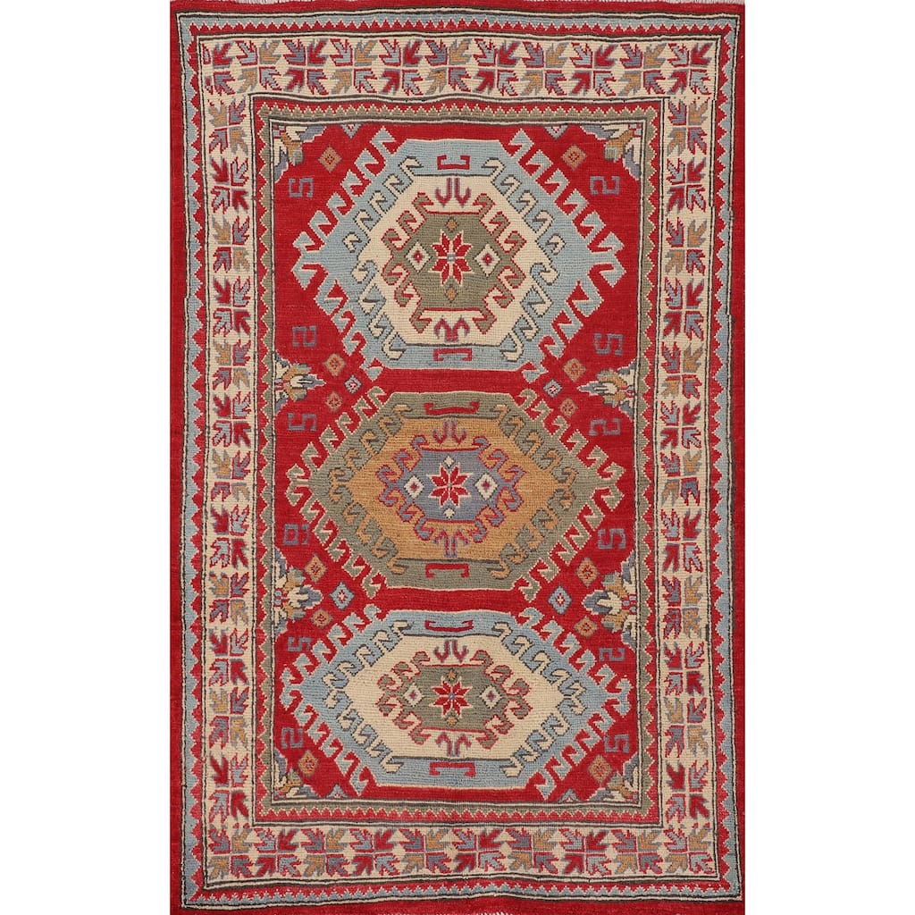 Traditional Kazak Oriental Accent Rug Handmade Red Wool Carpet - 3'2"x 5'1"