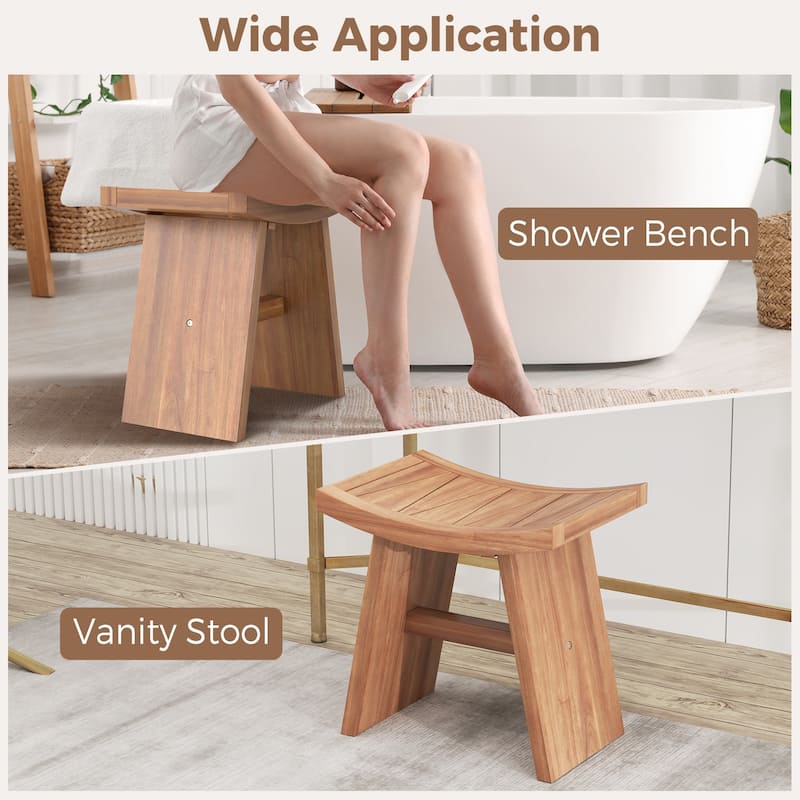 Gymax 18 Inch Teak Wood Shower Bench Wooden Shower Stool w/ Curved