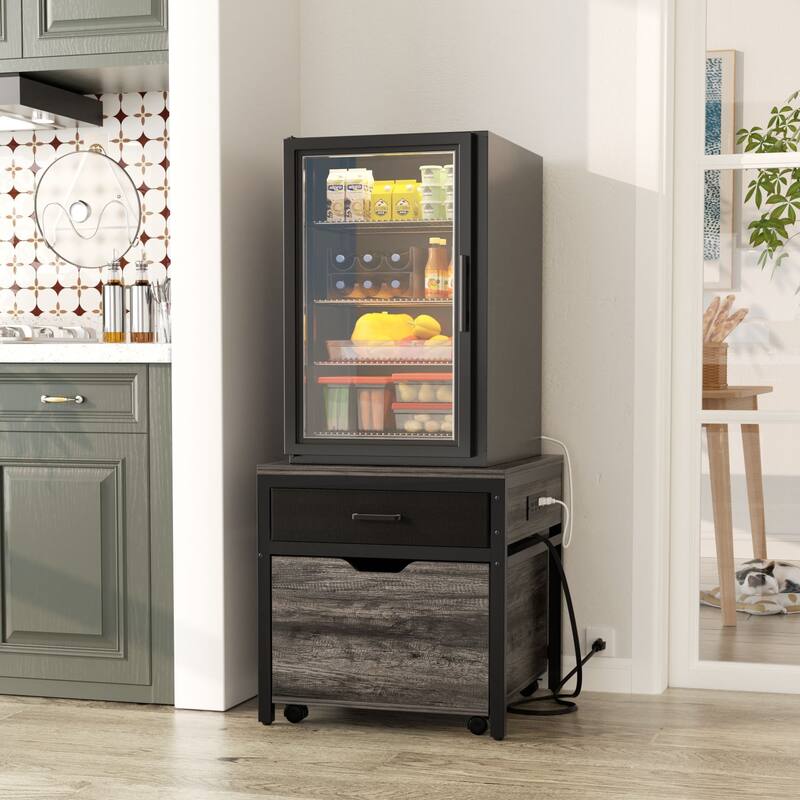 Mini Fridge Stand with Charge Station, Side/ End Table with Storage Drawers and Rolling Cabinet