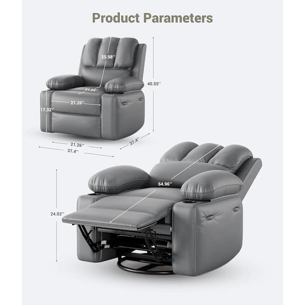 dimension image slide 5 of 15, Oversized power recliner with heat, massage, 360 degrees swivel, and cup holder.