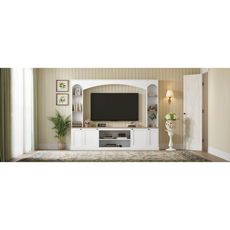 91" Arched Entertainment Center TV Stand with Bookshelves, Farmhouse Media Console, Large Wood Wall Unit for TVs Up to 70"