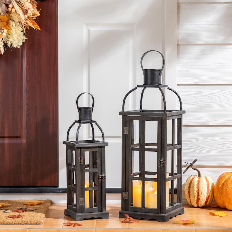 Glitzhome Farmhouse Wooden Metal Cage Candle Holders Patio Hanging Vintage Lanterns (Set of 2) - S - Black