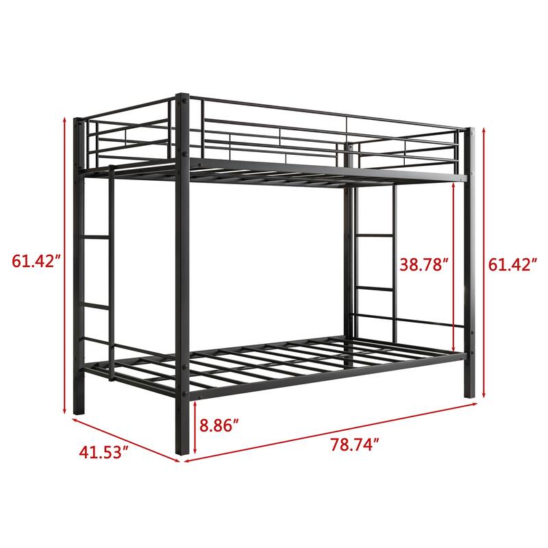 Heavy Duty Twin Over Twin Metal Bunk Bed with Shelf, Safety Rails & Slatted Support - No Box Spring Needed