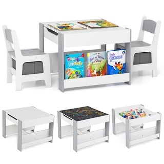 4 in 1 Kids Activity Table and Chairs Set with Reversible Tabletop Included Bookshelves - 24" x 24" x 19"