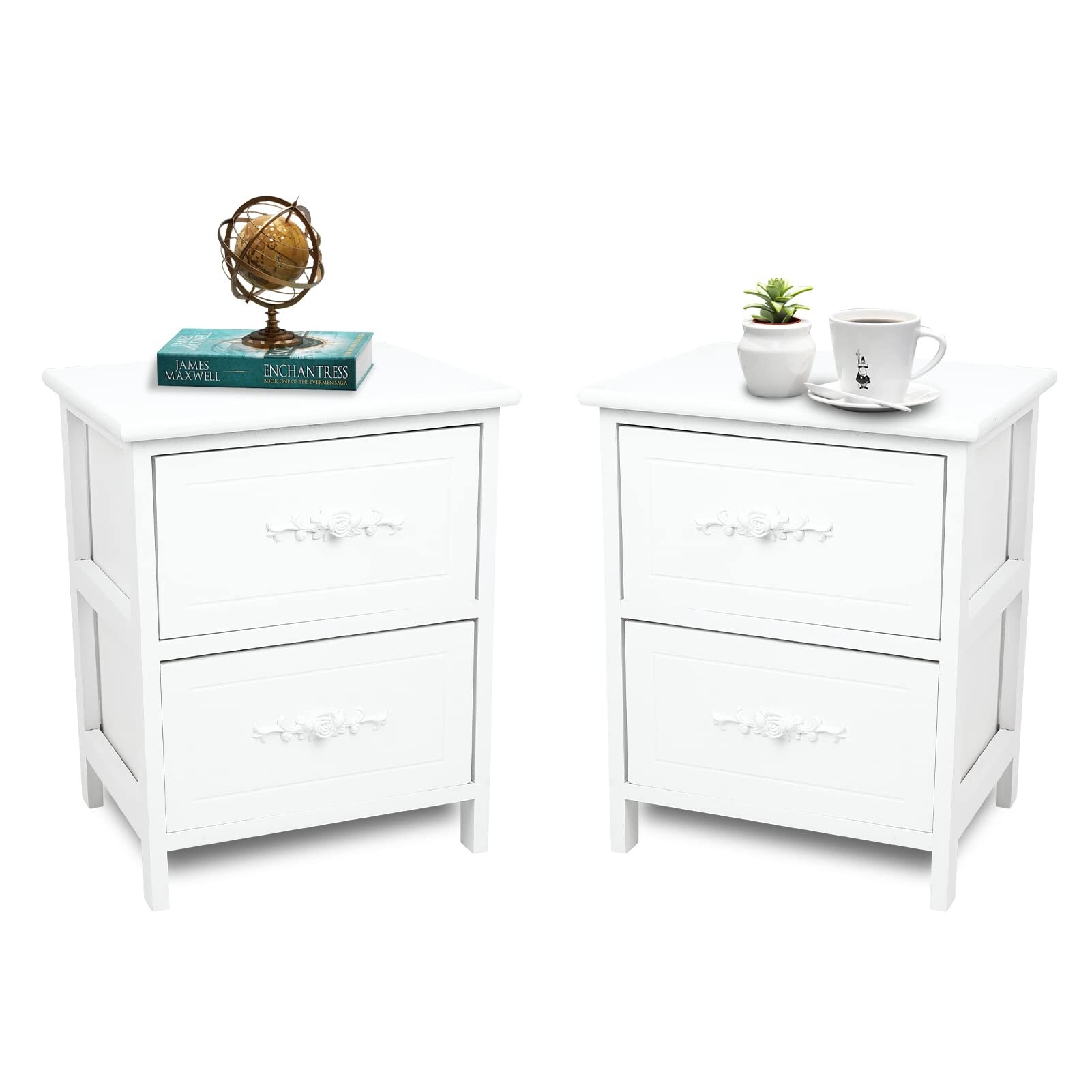 Nightstand Set of 2, White 2 Drawer Dresser for Bedroom, Wood 