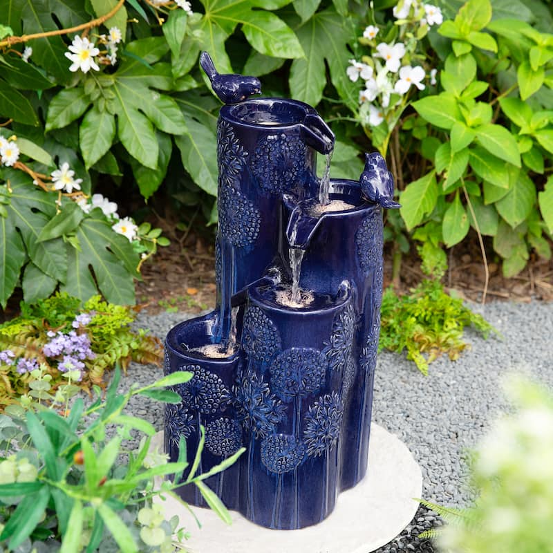 Glitzhome 27" H 4-Tier LED Ceramic Outdoor Floor Fountain with Birds, Cobalt Blue Turquoise Dandelion Texture Vase-Shaped