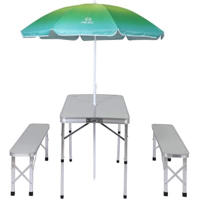 Folding Picnic Table with Umbrella and two Benches for Backyard, Patio, and Outdoor Parties