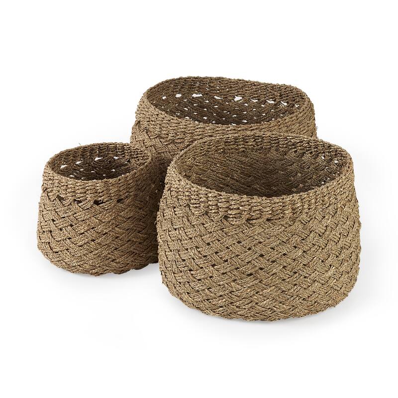 Jarek 15.0L x 15.0W x 11.8H (Set of 3) Medium Brown Seagrass Basket Cross Weave Round Basket - Medium Brown