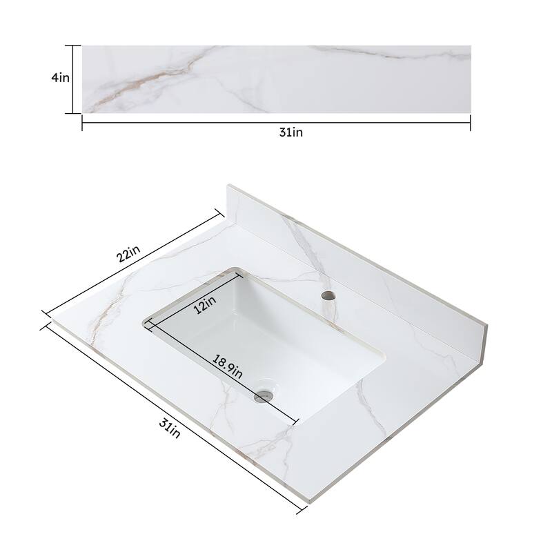 Elegant 31 Inch Carrara Marble Style Vanity Top with Ceramic Sink and Backsplash, Pre-Sealed and Polished - 31.02in L