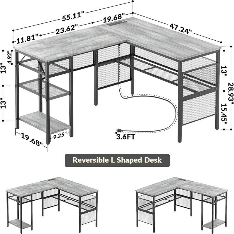 L Shaped Desk with USB Charging Port and Power Outlet